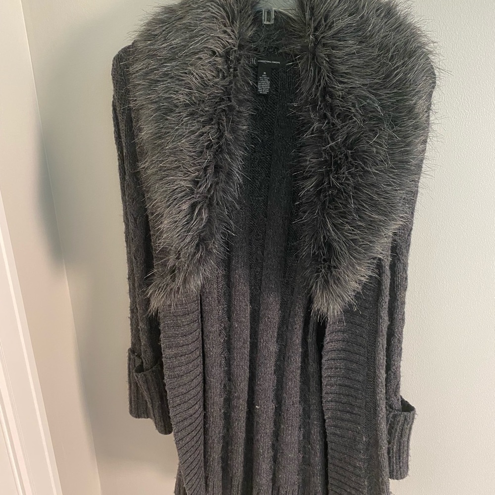 INC Long Cardigan with Faux Fur Collar